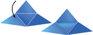 IMAGEM: as dobras são desfeitas e o papel volta ao formato de triângulo. a ponta superior é dobrada para baixo, para o meio da base do triângulo. FIM DA IMAGEM.