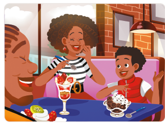 IMAGEM: A família está sentada à mesa em um restaurante. Eles dão risadas enquanto comem grandes taças de sorvete. Um espaço em branco no canto superior da ilustração deve ser preenchido com número. FIM DA IMAGEM.