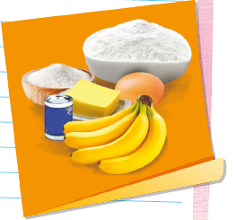 IMAGEM: Ingredientes da receita reunidos: um cacho de banana, um ovo, um tablete de manteiga, fermento em lata, uma vasilha com açúcar e uma vasilha maior com farinha de trigo. FIM DA IMAGEM.