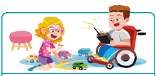 IMAGEM: um menino em cadeira de rodas segura um controle remoto, enquanto uma menina está ajoelhada no chão em meio a vários carrinhos. FIM DA IMAGEM.