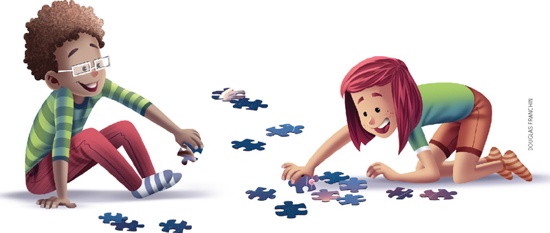 IMAGEM: um menino e uma menina montam um quebra-cabeça com peças espalhadas no chão. FIM DA IMAGEM.
