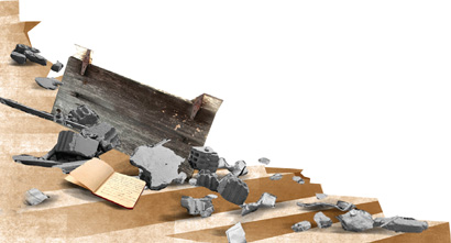 IMAGEM: destroços espalhados em uma escada. há pedaços de concreto e tijolos, papéis, um caderno e um pedaço de madeira. FIM DA IMAGEM.