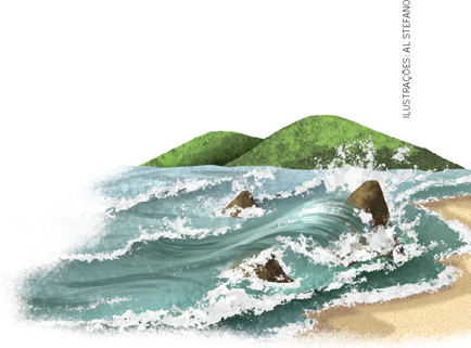 IMAGEM: ondas do mar quebram em uma praia e cobrem pedras na areia. no funto, há montanhas. FIM DA IMAGEM.