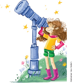 IMAGEM: uma menina olha o céu através de um telescópio. FIM DA IMAGEM.
