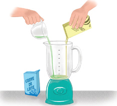 IMAGEM: uma mão despeja o leite condensado em um liquidificador enquanto a outra despeja uma xícara com suco de limão. FIM DA IMAGEM.