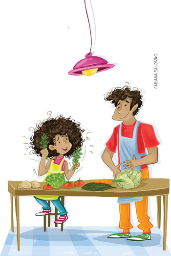 IMAGEM: uma menina e um homem em frente a uma mesa com hortaliças, batatas, tomates e cenoura. FIM DA IMAGEM.