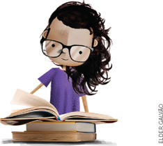 IMAGEM: uma menina lê um livro aberto sobre dois livros empilhados. FIM DA IMAGEM.