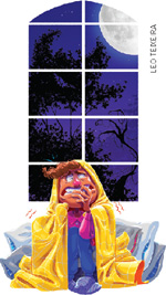 IMAGEM: um menino amedrontado está sentado em frente a uma janela, através da qual se vê a lua cheia e árvores. ele tem um cobertor sobre sua cabeça e travesseiros atrás dele. FIM DA IMAGEM.