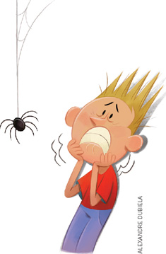 IMAGEM: um menino treme de medo ao ver uma aranha pendurada pela teia. FIM DA IMAGEM.