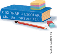 IMAGEM: um dicionário escolar de língua portuguesa. em cima dele, há blocos coloridos para anotação. na frente, há um lápis e uma borracha. FIM DA IMAGEM.