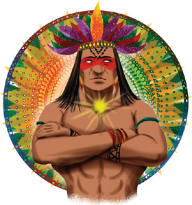 IMAGEM: um homem indígena forte, com os braços cruzados. ele usa cocar e tem uma pintura no rosto. de seu peito, sai uma luz amarela. FIM DA IMAGEM.