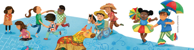IMAGEM: crianças brincam em um pátio. duas meninas pulam amarelinha. ao lado, três crianças brincam de roda. há um boi-bumbá, um menino em uma cadeira de rodas segura um cavalo de pau enquanto uma menina o empurra, os dois usam chapéus de palha. ao lado deles, um menino e uma menina com guarda-chuvas coloridos dançam frevo. FIM DA IMAGEM.