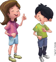 IMAGEM: um menino e uma menina estão lado a lado. a menina está com um dedo indicador levantado enquanto o menino a observa. FIM DA IMAGEM.