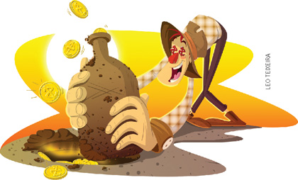 IMAGEM: um homem está curvado sobre o chão e pega uma garrafa cheia de ouro de um buraco. FIM DA IMAGEM.