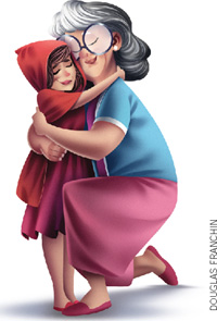 IMAGEM: chapeuzinho vermelho e sua avó abraçadas. FIM DA IMAGEM.