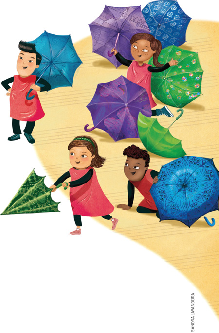 IMAGEM: quatro crianças sorridentes seguram guarda-chuvas. FIM DA IMAGEM.