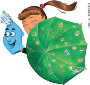 IMAGEM: uma menina atrás de um guarda-chuva manipula um fantoche de pingo de água. FIM DA IMAGEM.