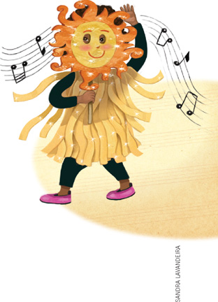 IMAGEM: a menina vestida de sol dança. ao redor dela, há notas musicais. FIM DA IMAGEM.