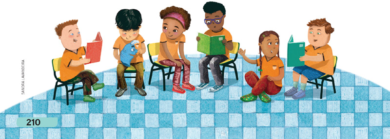 IMAGEM: o grupo de crianças lê livros e conversa. há quatro meninos e seis meninas. alguns estão sentados em cadeiras e uma menina, no chão. um dos meninos segura o fantoche. FIM DA IMAGEM.