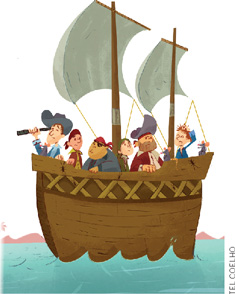 IMAGEM: homens em um navio no mar. eles parecem perdidos. um deles utiliza uma luneta. ao lado deles, há um rato. FIM DA IMAGEM.