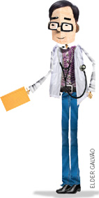 IMAGEM: um médico vestido com jaleco. ele segura uma prancheta e tem um estetoscópio pendurado em seu pescoço. FIM DA IMAGEM.