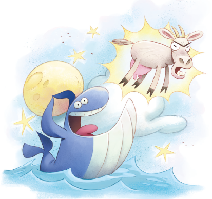 IMAGEM: Uma cabra está brava. Uma baleia dança no mar e, atrás, está a lua. FIM DA IMAGEM.