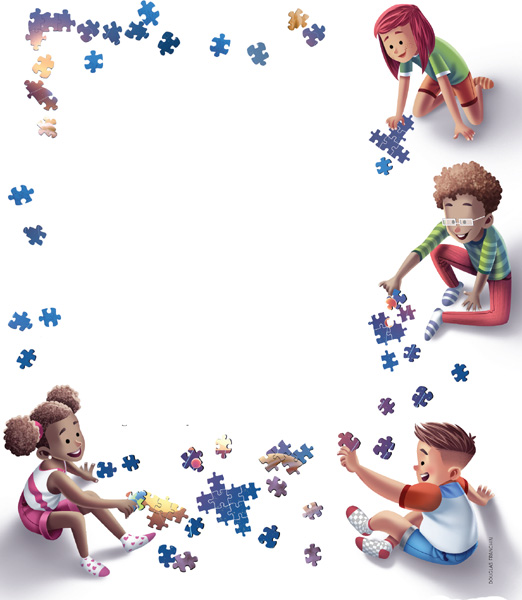 IMAGEM: na apresentação do livro, quatro crianças montam um quebra-cabeça. há peças espalhas por toda a página. FIM DA IMAGEM.