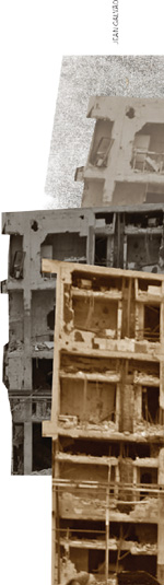 IMAGEM: escombros de prédios bombardeados, com apenas suas estruturas aparentes. FIM DA IMAGEM.
