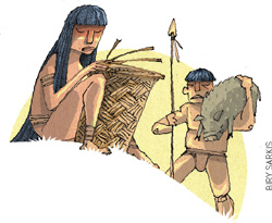 IMAGEM: uma mulher indígena sentada no chão trança um cesto. ao lado, um homem segura uma lança, com uma mão, e tem um animal sobre seu ombro. FIM DA IMAGEM.