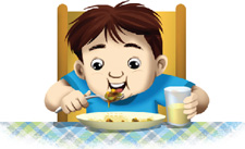 IMAGEM: um menino sentado à mesa leva um garfo à boca e faz uma refeição. na frente dele há um prato de comida e um copo com bebida. FIM DA IMAGEM.