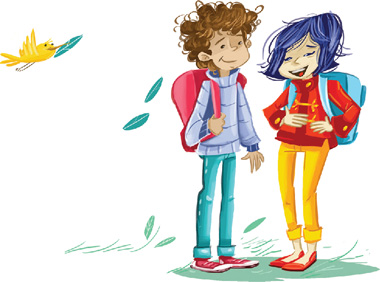 IMAGEM: um menino e uma menina lado a lado. eles carregam mochilas em suas costas. em volta deles há folhas e um pássaro que voa com uma folha em seu bico. FIM DA IMAGEM.