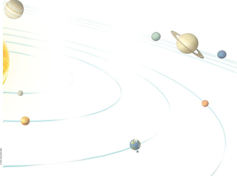 IMAGEM: planetas no sistema solar, ao redor do sol. FIM DA IMAGEM.