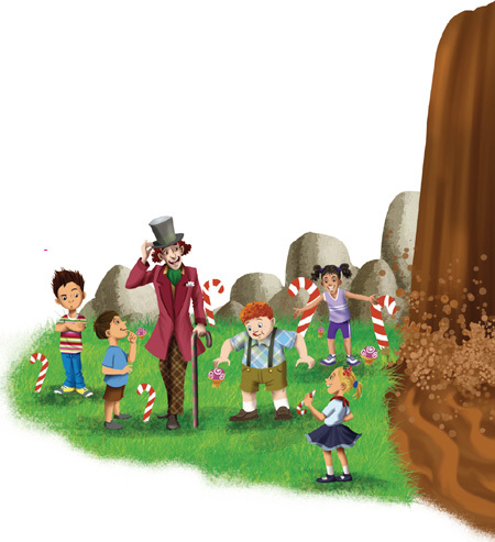 IMAGEM: um homem de chapéu e bengala e cinco crianças estão em um gramado em que há bengalas de açúcar e, ao lado, uma cachoeira de chocolate. FIM DA IMAGEM.
