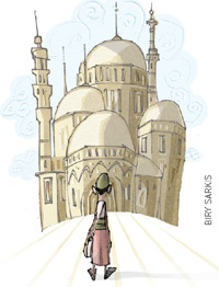 IMAGEM: ismar está de costas e olha para uma mesquita em sua frente. FIM DA IMAGEM.
