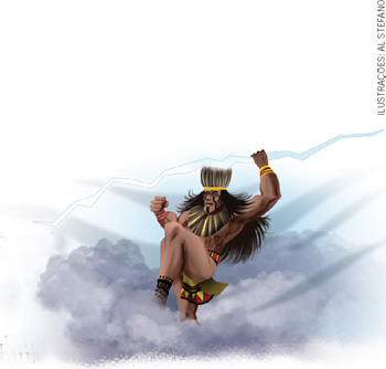 IMAGEM: representação de xandoré, um homem com vestes indígenas e cabelos compridos que segura um raio e se prepara para arremessá-lo. ele está sobre uma nuvem escura. FIM DA IMAGEM.