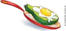 IMAGEM: uma frigideira com um abacate e, em cima, um ovo frito. FIM DA IMAGEM.