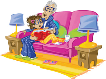 IMAGEM: uma menina e seu avô estão sentados no sofá. ela encosta nele e segura um livro aberto. os dois usam pijamas. de cada lado do sofá, há uma mesa com uma luminária. FIM DA IMAGEM.