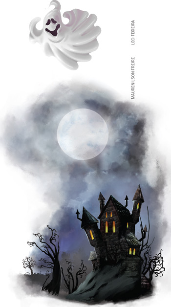 IMAGEM: uma casa no escuro, no alto de um morro, com luzes acesas e árvores secas ao redor. no céu, a lua está cheia. um fantasma sobrevoa a cena. FIM DA IMAGEM.