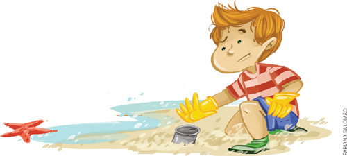 IMAGEM: um menino usa luvas de borracha para limpar a praia. ele está agachado na areia e recolhe uma lata. FIM DA IMAGEM.