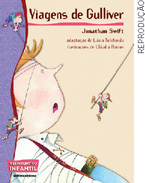 IMAGEM: reprodução da capa do livro viagens de gulliver, de jonathan swift. nela, um gigante é amarrado por homens. FIM DA IMAGEM.