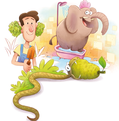 IMAGEM: Um elefante toma banho em uma banheira. Um homem planta alfaces em seus ouvidos. Uma cobra come uma jaca inteira. FIM DA IMAGEM.