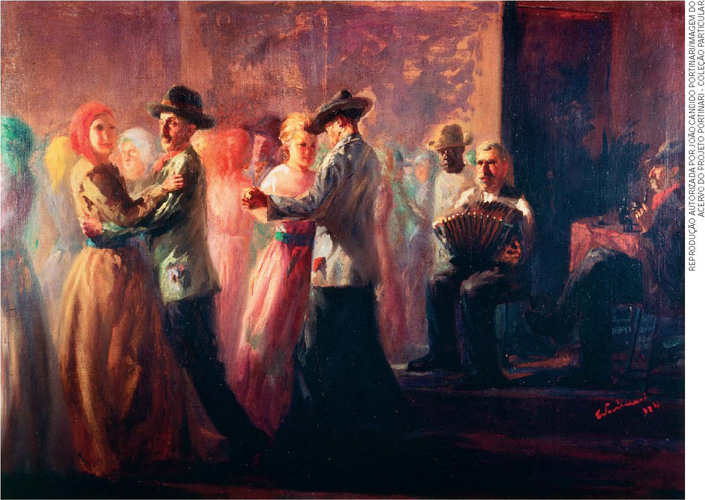 IMAGEM: reprodução da pintura baile na roça, de candido portinari. pessoas dançam em pares, no fundo, um homem toca sanfona e outro fuma cachimbo. FIM DA IMAGEM.