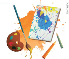 IMAGEM: materiais de pintura, sendo eles: uma paleta com tinta, pincel, lápis de cor e uma tela com respingos de tinta. FIM DA IMAGEM.