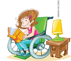 IMAGEM: uma menina em uma cadeira de rodas lê um livro. FIM DA IMAGEM.