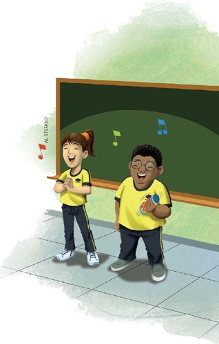 IMAGEM: uma menina e um menino se apresentam em frente à sala de aula. eles cantam e o menino toca um instrumento similar a um chocalho. FIM DA IMAGEM.