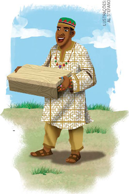 IMAGEM: o senhor de odedirã vestido com roupas típicas africanas, sapatos e joias compradas com o dinheiro do menino. ele segura uma caixa com ossos dentro. FIM DA IMAGEM.