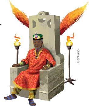 IMAGEM: o rei sentado eu seu trono. o homem usa roupas típicas africanas e seu trono é enfeitado, ladeado por duas tochas acesas. FIM DA IMAGEM.