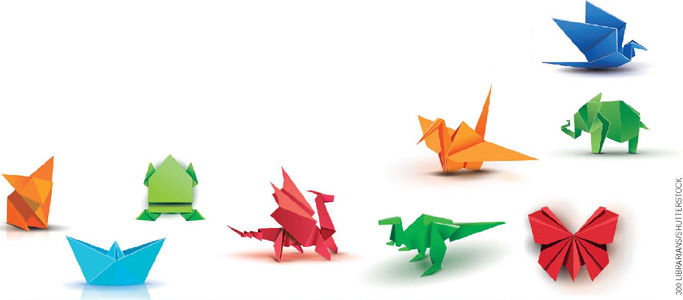 IMAGEM: dobraduras de papel, chamadas de origamis, em diversas formas, sendo elas: um gato, um barco, um sapo, um dragão, um dinossauro, pássaros, um elefante e uma borboleta. FIM DA IMAGEM.