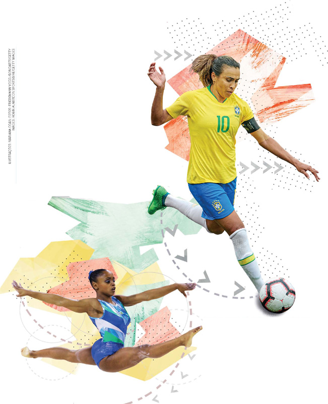 IMAGEM: início da unidade cinco. duas atletas brasileiras, a jogadora de futebol marta e a ex-ginasta daiane dos santos. FIM DA IMAGEM.
