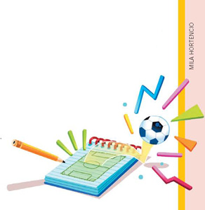 IMAGEM: um campo de futebol desenhado em um bloco de notas. ao redor, um lápis, traços coloridos e uma bola de futebol. FIM DA IMAGEM.